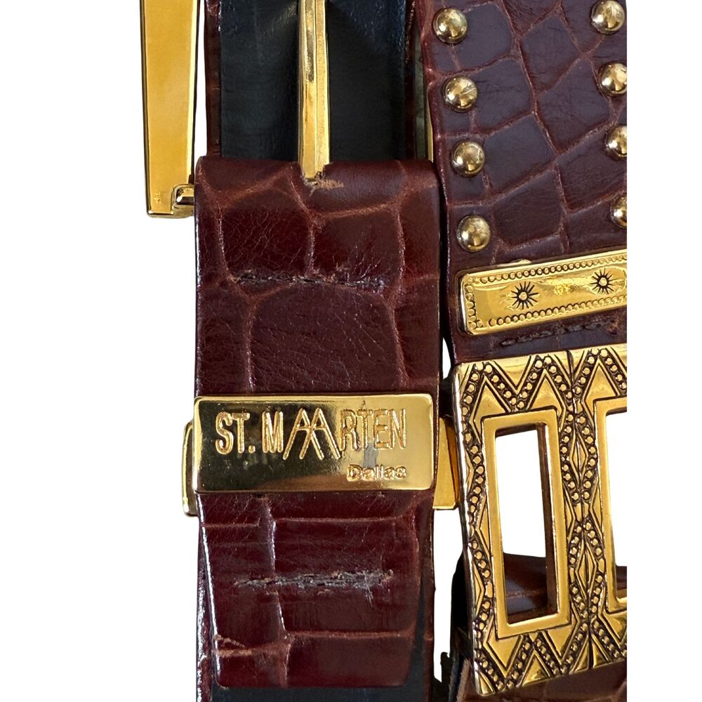 Vintage St. Maarten Dallas Brown Croc Embossed Gold Statement Belt